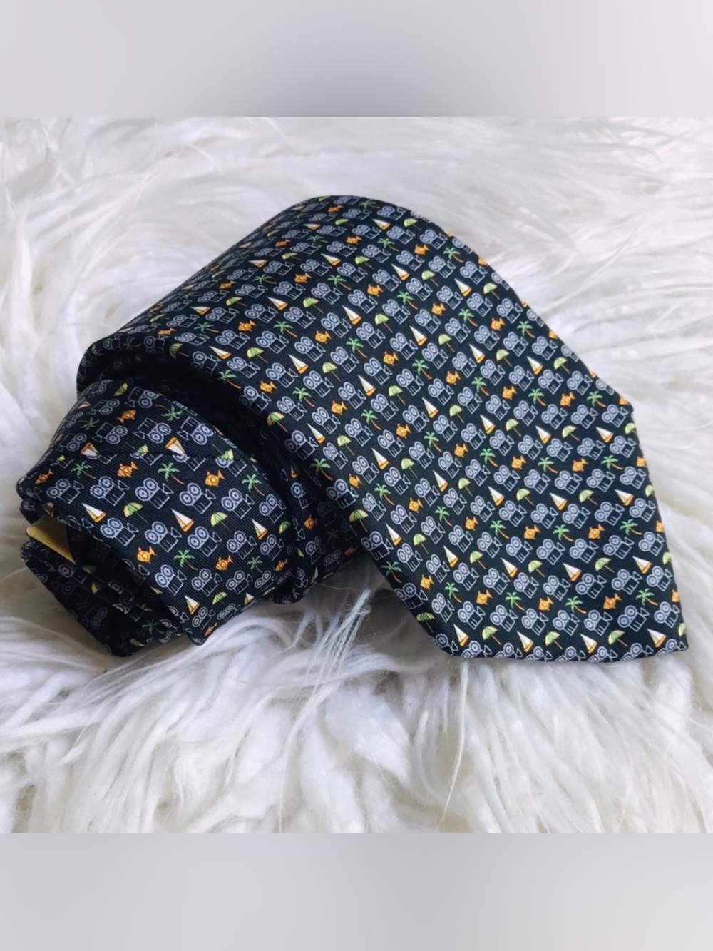 Salvatore Ferragamo 100% Silk Tie Fish Palm Tree Print Black Multicolour